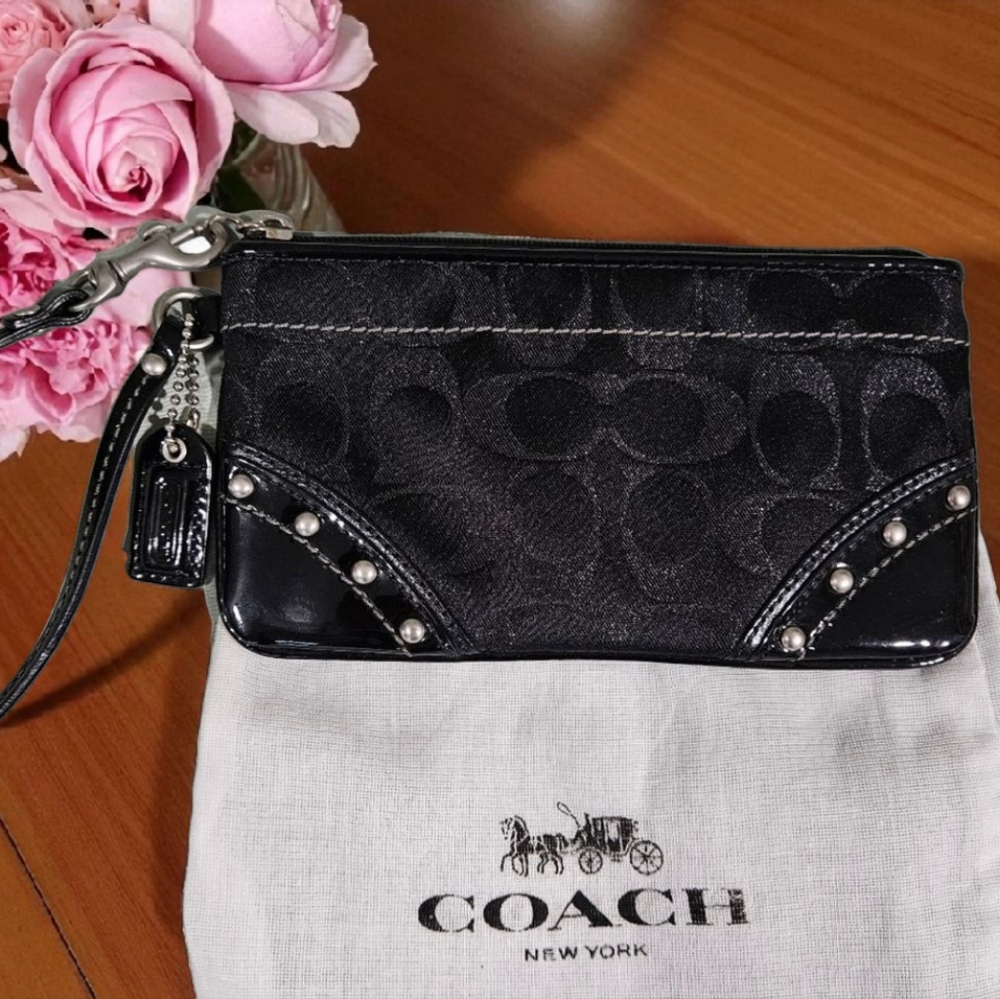 Coach Black Patent and Silver Studded Wristlet W/Dust Bag - Picture 2 of 6